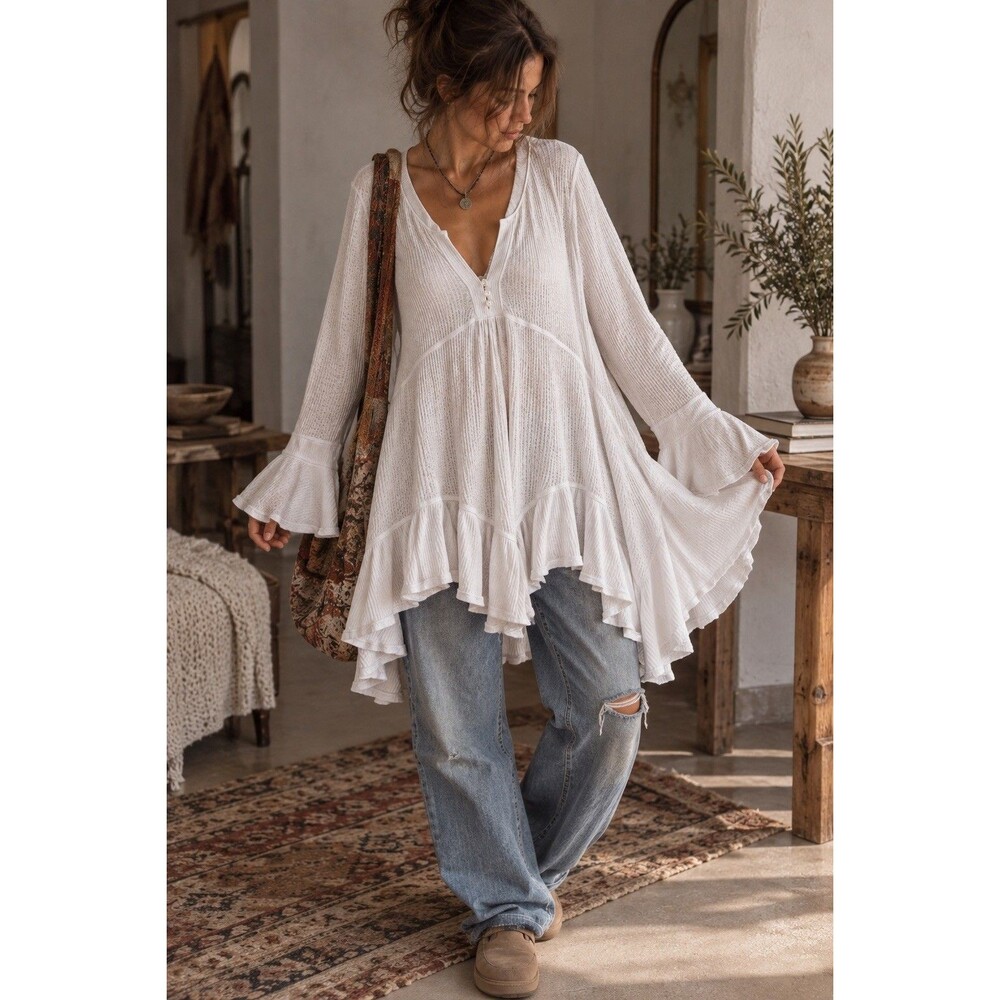 Free People Tunic Top M White Thermal Waffle Ruffle Bell Sleeve Boho